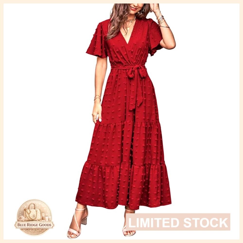 Swiss Dot Maxi Dress Wrap V Neck Flutter Sleeve Boho Wedding Guest